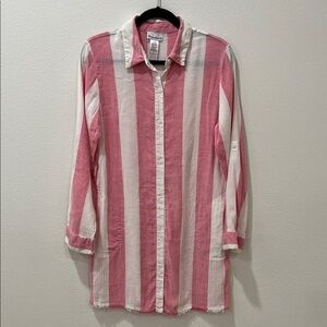 Tommy Bahama Rugby Beach Stripe Boyfriend Shirt Pink and White Swim Coverup Sz M